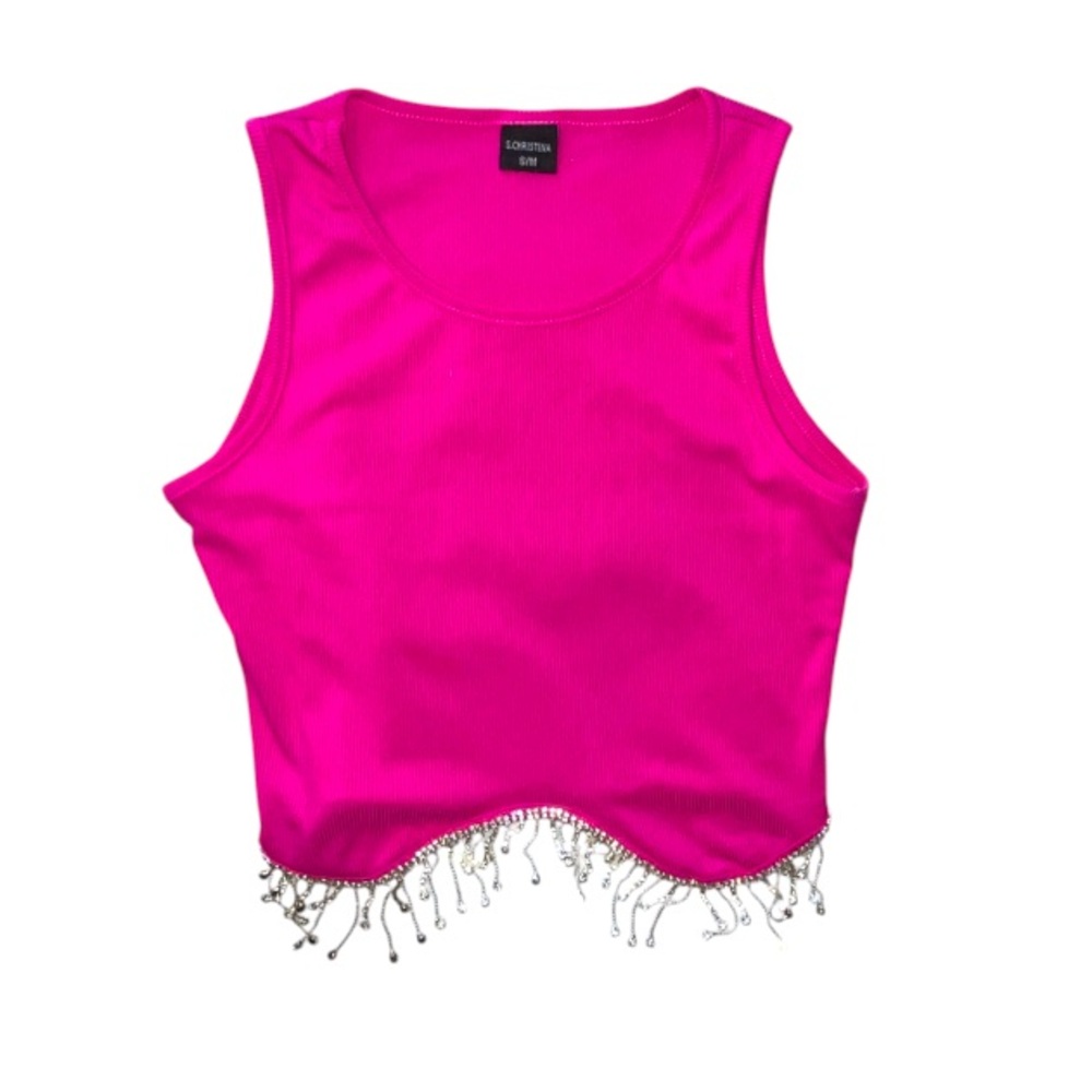 S. Christina Ribbed Cropped Pink Tank Top Beaded Jewel Details Size S/M